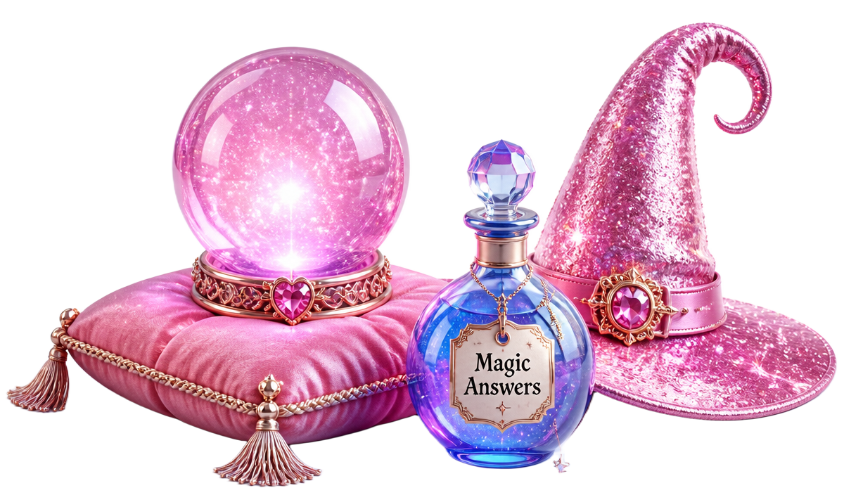 Crystal ball, witch hat and a Magic Answers potion bottle