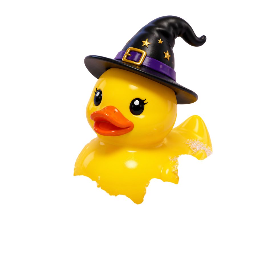 Rubber duck wearing a witch hat sitting in soap foam